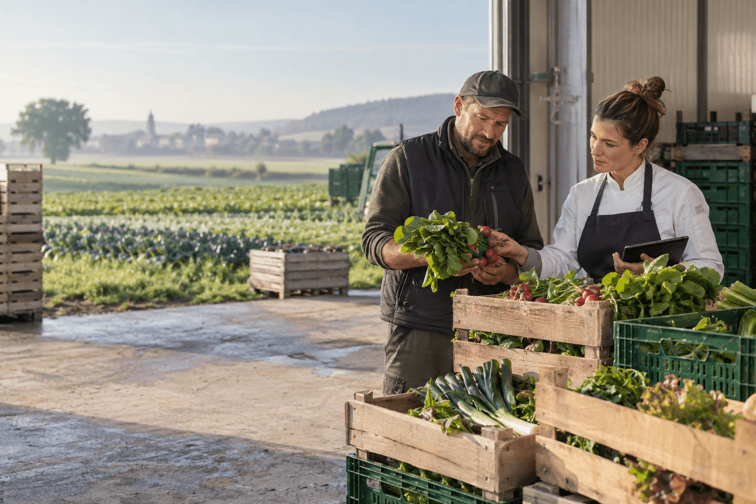 Erzeuger und professionelle Einkäuferin prüfen gemeinsam frisches regionales Gemüse.